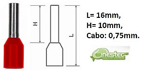 TERMINAL / PINO PRE ISOLADO TUBO ILHOS VERMELHO CADA 10PCS E-7508 0,75MM