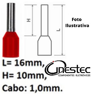 TERMINAL PINO PRE ISOLADO TUBO ILHOS VERMELHO CADA 10 PECAS E-1008 1mm