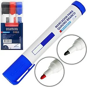 Marcador Quadro Branco Recarregável 3 Cores Azul Preto Vermelho