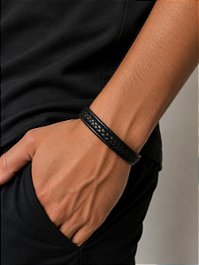 Pulseira Preta Couro Sintético Aço Inox 19,5cm