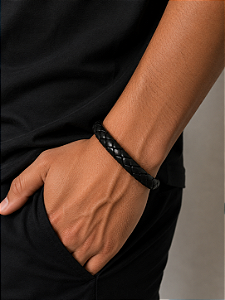 Pulseira Couro Sintético Aço Inox 20,5cm