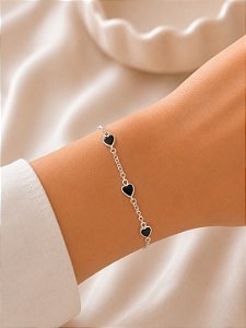 Pulseira Coração Preto em Prata 18cm