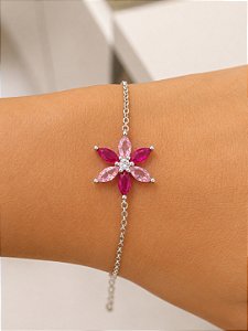 Pulseira Flor Rosa em Prata 20cm