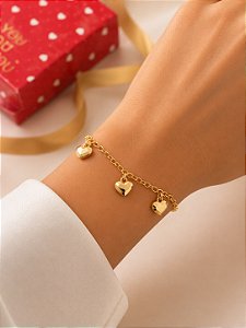 Pulseira Corações Facetado Semijoia 22cm