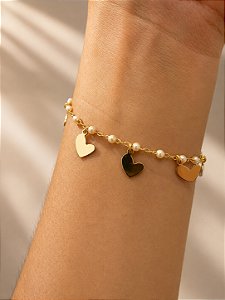 Pulseira Pérola Coração Pendente Semijoia 22cm