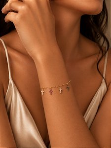 Pulseira Cruz Cravejada Semijoia 19cm