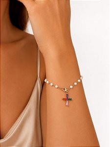 Pulseira Pérola Cruz Cor Semijoia 23cm
