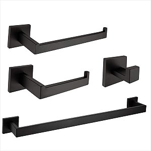 Kit Banheiro Acessórios Quadrado Inox 4 Peças - Preto
