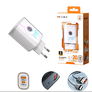 Fonte de carregador Celular 20w Turbo USB A+USB C (Tipo C) Branco