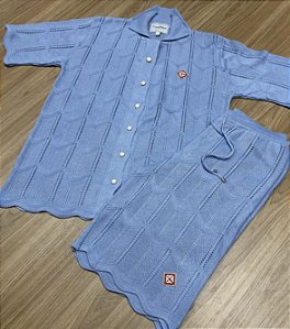 Camisa de Capa Curta de Algodão Tenênis de Crochê Azul