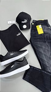Kit Completo: Camiseta PUMA + Calça Jeans Premium + Tênis Puma Edition Ferrari + Boné Puma Classic Preto.