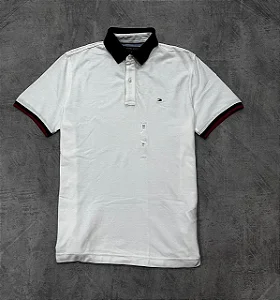 POLO TOMMY HILFIGER MASCULINA REGULAR FIT- BRANCA COM AZUL