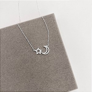 Colar Estrela e Lua Vazadas Cravejadas 20mm em Prata 925