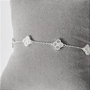 Pulseira Trevos Cravejados 8mm com Entremeios em Prata 925 - 16+5cm
