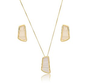 Conjunto Colar e Brinco Banhado a Ouro 18k com Pedra Sintética Perolada . Ale Semijoias.