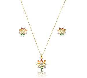 Conjunto Colar e Brinco Flor Multicolor Banhado a Ouro 18k com Zircônias Coloridas — Ale Semijoias