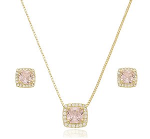 Conjunto Colar e Brinco Quadrado cor de rosa claro com Zircônias Folheado a Ouro 18k — Ale Semijoias