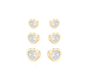 Trio de Brincos Coração com Zircônia Cristal em Galeria Banhado a Ouro 18k — Ale Semijoias