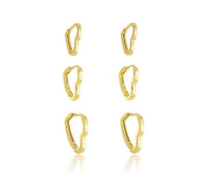 Trio de Brincos Argola Coração Fio Liso com Fecho Click Banhado a Ouro 18k — Ale Semijoias