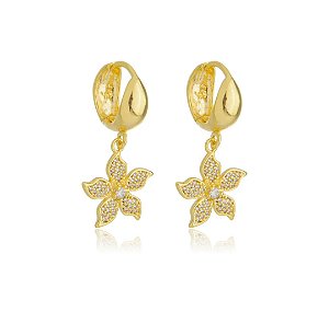 Brinco Argolinha Click com Pingente Flor Cravejada em Microzircônias Banhado a Ouro 18k — Ale Semijoias