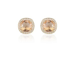 Brinco Botão Quadrado com Cristal Zircônia Pêssego e Microzircônias Banhado a Ouro 18k — Ale Semijoias