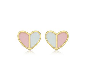 Brinco Infantil Baby Coração Esmaltado Rosa e Branco com Tarraxa de Segurança Banhado a Ouro 18k — Ale Semijoias