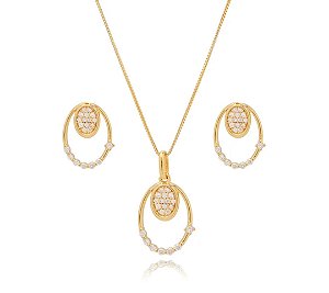 Conjunto Oval Micro Zircônias Banho Ouro 18k