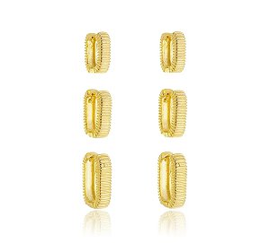 Trio de Argolas Oval com Textura Banhadas a Ouro 18k