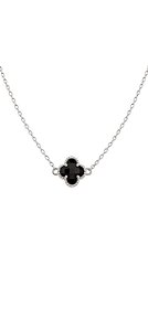 Colar Trevo com Cristal Preto em Prata, 45cm