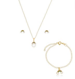 Conjunto Colar Brinco e Pulseira Arco-íris Banho Ouro 18k - Ale Semijoias