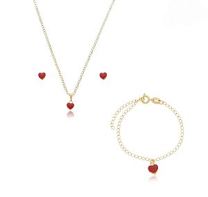 Conjunto Colar Brinco e Pulseira Coração Banho Ouro 18k - Ale Semijoias