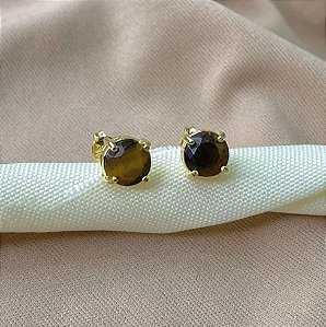 Brinco Redondo Pedra Natural Olho de Tigre Banho Ouro 18k - Ale Semijoias