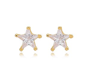 Brinco Solitário Estrela Zircônia Cristal Banho Ouro 18k - Ale Semijoias