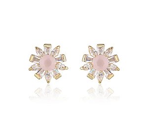 Brinco Flor Pedra Rosa e Zircônias Banho Ouro 18k - Ale Semijoias