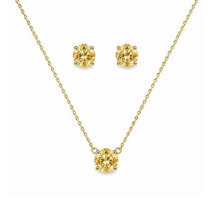 Conjunto Colar e Brinco Ponto de Luz Zircônia Citrino Banho Ouro 18k - Ale Semijoias