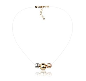 Gargantilha Fio de Nylon com 3 Esferas Tricolor Banho Ouro 18k - Ale Semijoias