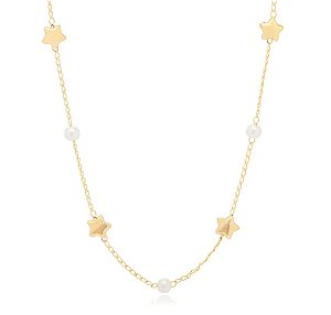 Colar Longo Estrela e Pérola Banho Ouro 18k - Ale Semijoias