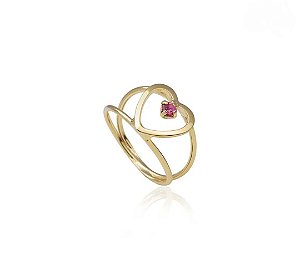 Anel Infantil Coração Vazado com Zircônia Rosa Banho Ouro 18k - Ale Semijoias