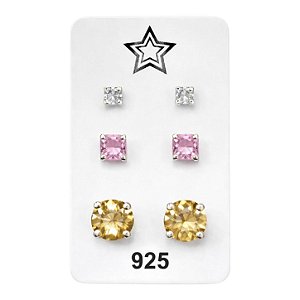 Trio de Brincos Zircônias Pêssego, Rosa Bebê e Cristal Prata 925 - Ale Semijoias