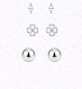 Trio de Brincos Navete Zircônia, Trevo e Esfera 6mm Prata 925 - Ale Semijoias