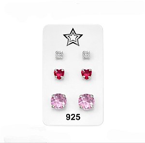 Trio de Brincos Zircônia Quadrada Cristal, Coração Rubi e Redondo Rosa Prata 925 - Ale