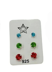 Trio de Brincos Ponto de Luz Zircônia Azul, Verde e Vermelho Prata 925 - Ale Semijoias