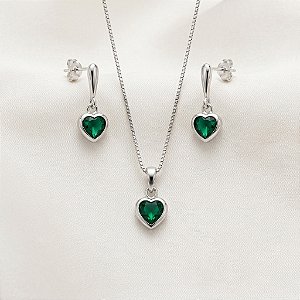 Conjunto Colar e Brincos Coração Verde Esmeralda