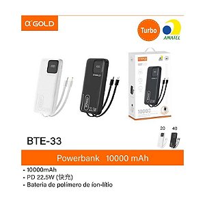 Power Bank 10000Mah Turbo 22.5W 3 Saída Usb + Tipo C C/ Visor E Cabos Tipo C + Iphone A'Gold Bte-33