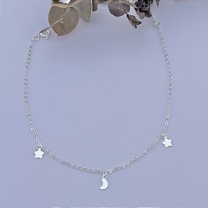 Tornozeleira em banho de prata silver com pingentes de estrela e lua