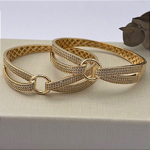 Bracelete em banho de ouro 18k cravejado com circulo vazado central