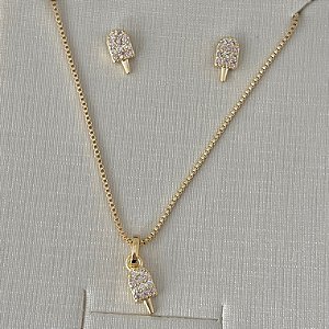 Conjunto infantil sorvete cravejado em banho de ouro 18k