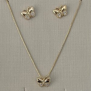Conjunto infantil de borboleta cravejada em banho de ouro 18k