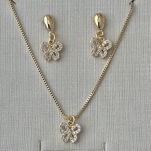 Conjunto borboleta cravejada em banho de ouro 18k