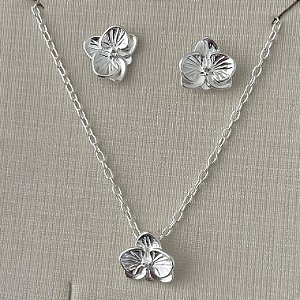 Conjunto de orquídea em banho de prata silver